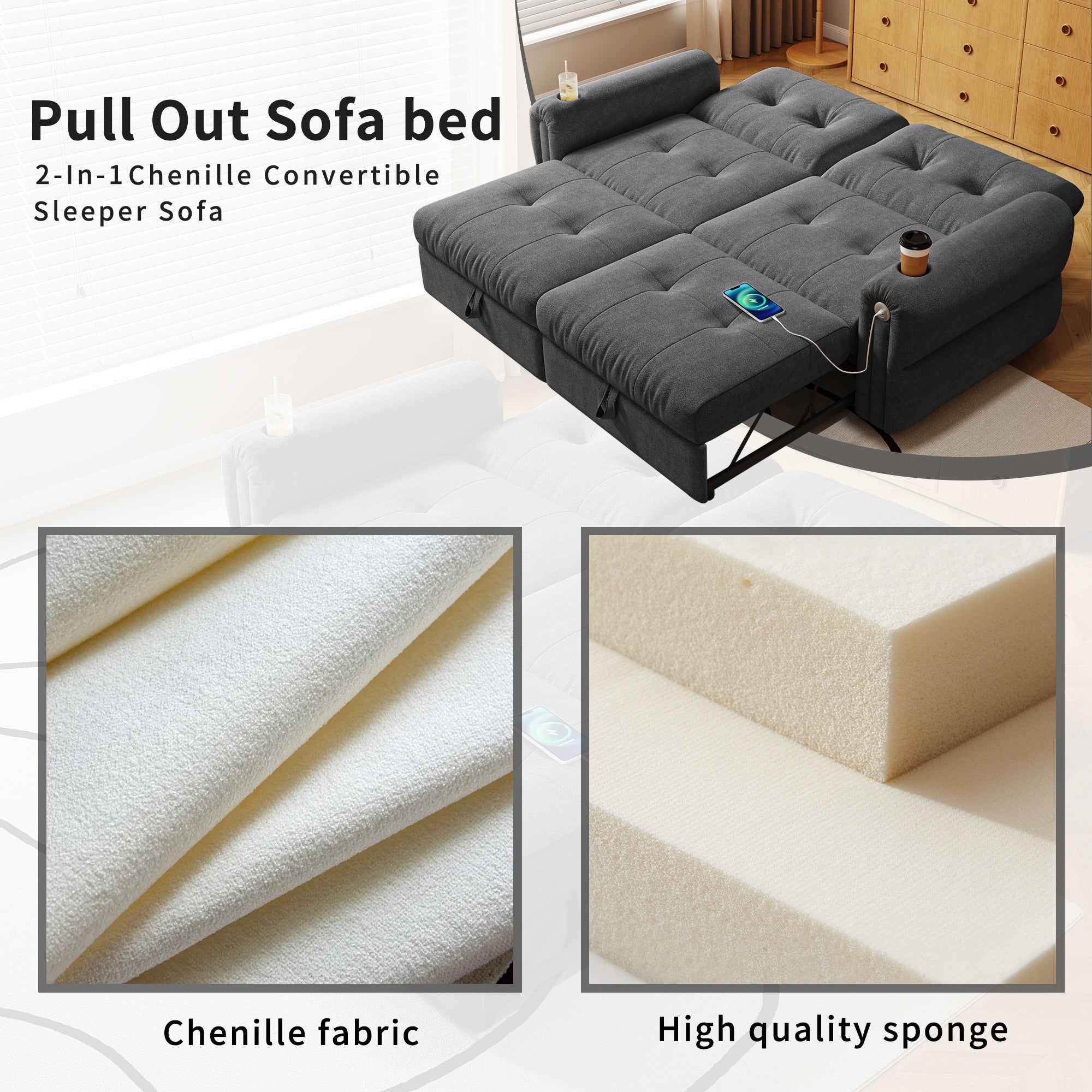 It is a multi-functional sofa, a 77-inch convertible sofa bed, and a 2-in-1 piece suitable for both sitting and lying down. Made of  Chenille fabric, it is suitable for living rooms, bedrooms - Grand Goldman Shop