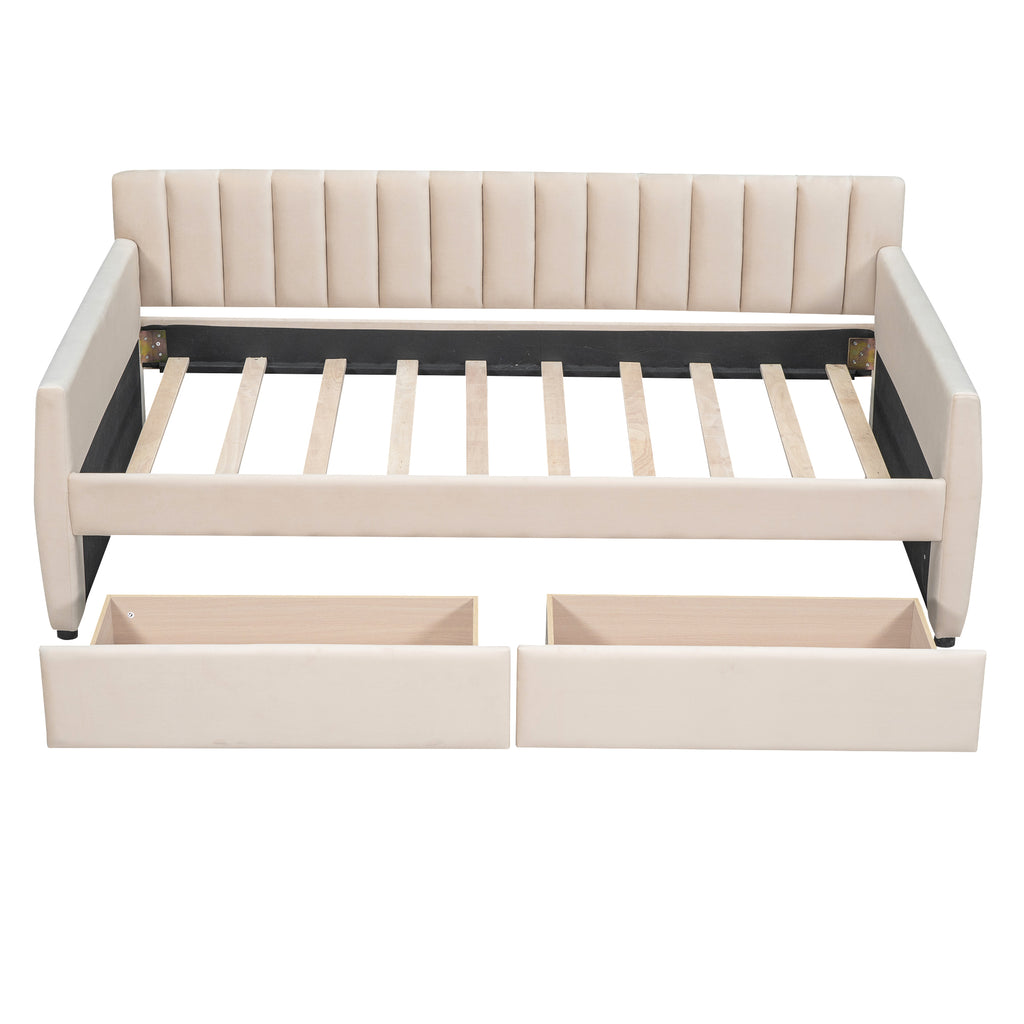 Twin Size Upholstered daybed with Drawers, Wood Slat Support, Beige - Grand Goldman Shop