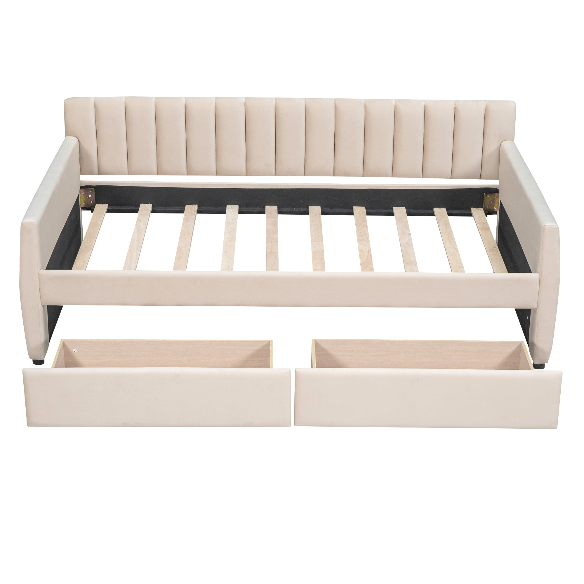 Twin Size Upholstered daybed with Drawers, Wood Slat Support, Beige - Grand Goldman Shop
