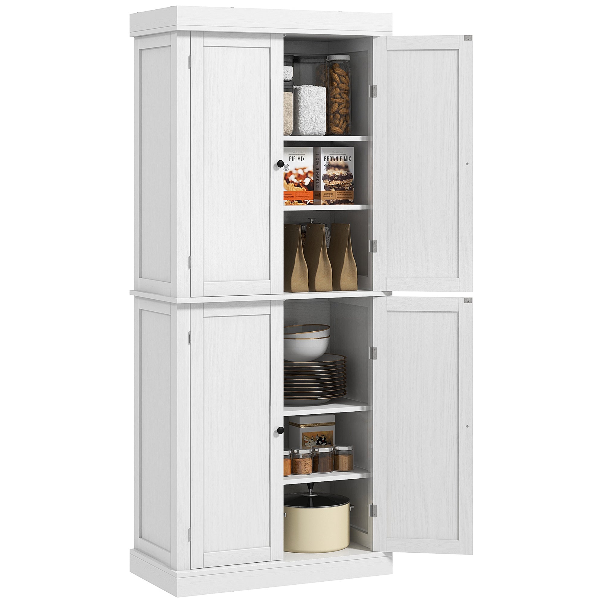 HOMCOM 72.5' Freestanding Kitchen Pantry Cabinet, Tall Storage Cabinet with 4 Doors and 2 Adjustable Shelves for Dining Room, White Wood Grain - Grand Goldman Shop