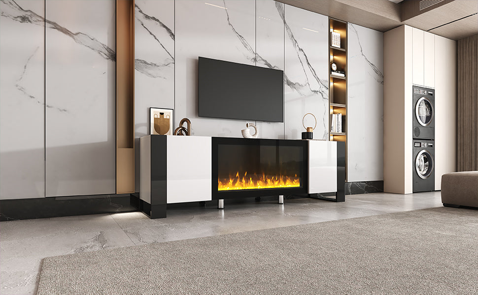 ON-TREND Modern TV Stand with 34.2' Non-heating Electric Fireplace, High Gloss Entertainment Center with 2 Cabinets, Media Console for TVs up to 78', White - Grand Goldman Shop