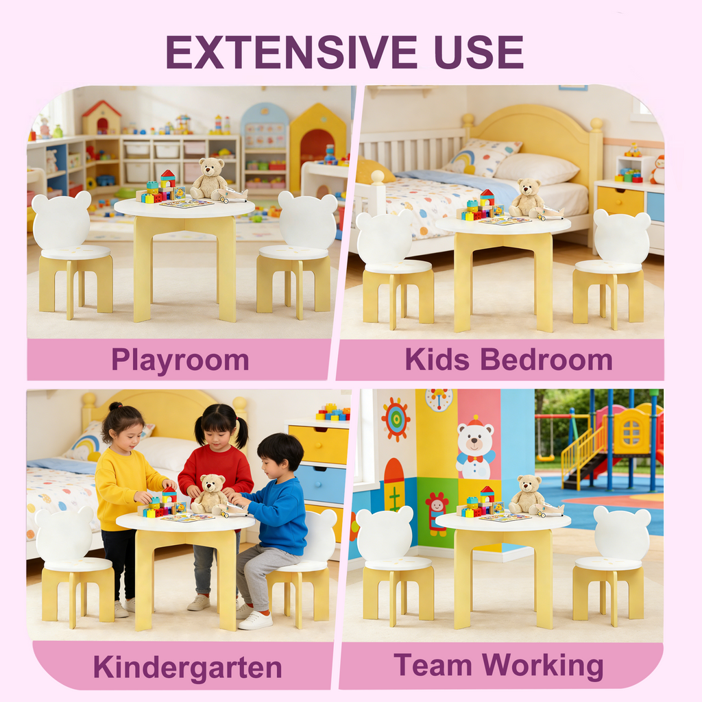 Kids Table and Chair Set, 3-Piece Toddler Table with 2 Chairs, Cute Bear-Back Chairs, Sturdy Wooden Activity Table Set for Ki