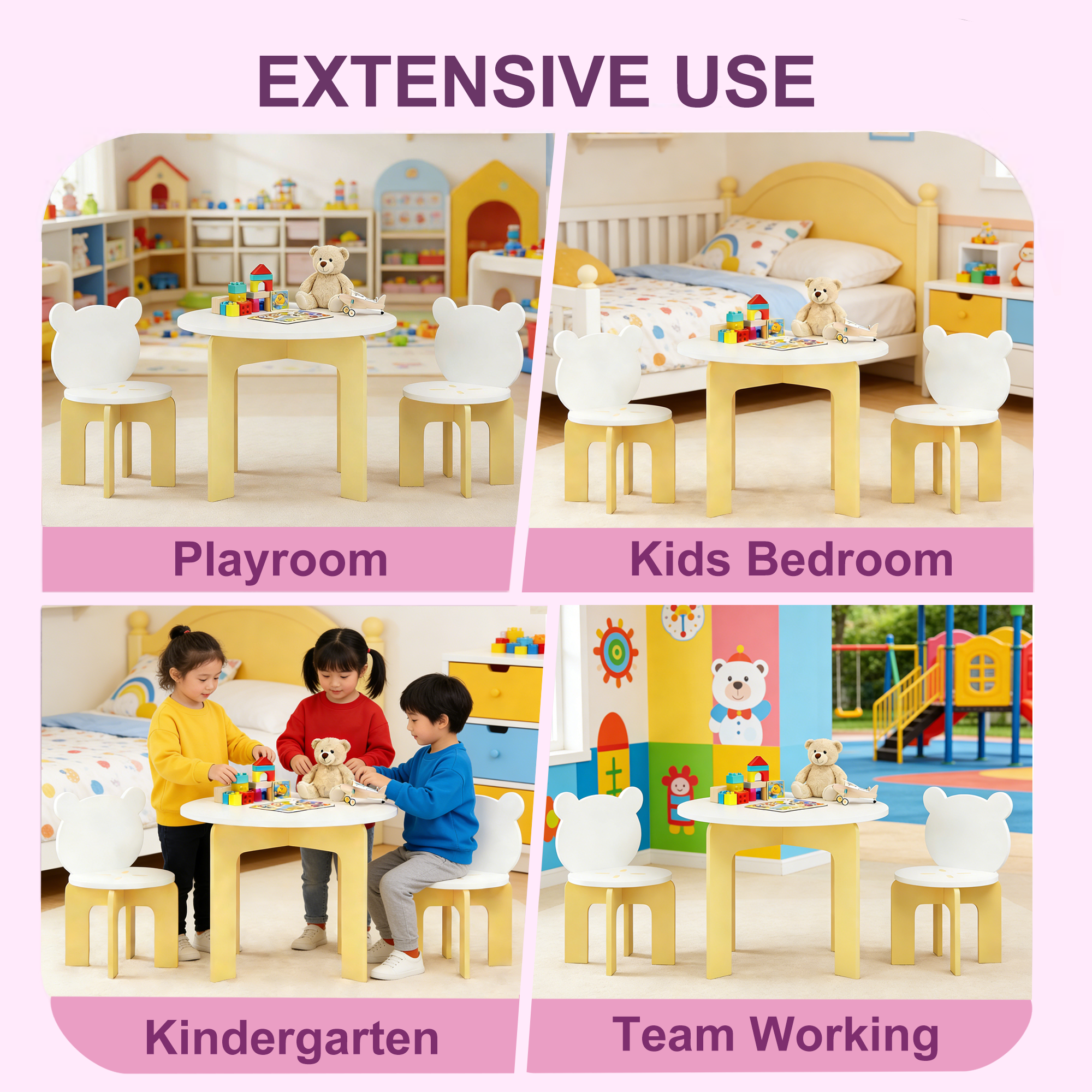 Kids Table and Chair Set, 3-Piece Toddler Table with 2 Chairs, Cute Bear-Back Chairs, Sturdy Wooden Activity Table Set for Ki