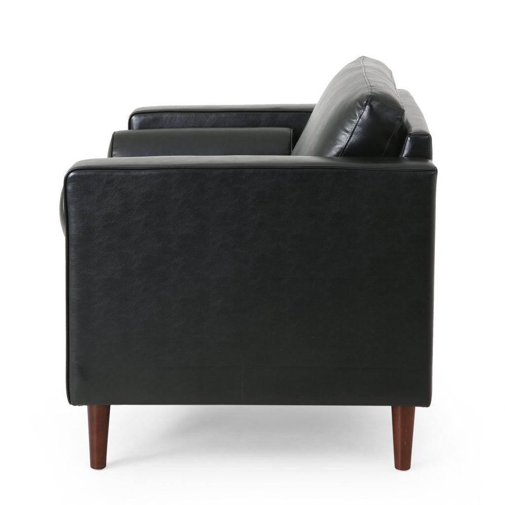 Sophisticated Faux Leather Club Chair with Birch Wood Legs in Black, 44.75 x 33.25 x 33.50 inches - Grand Goldman Shop