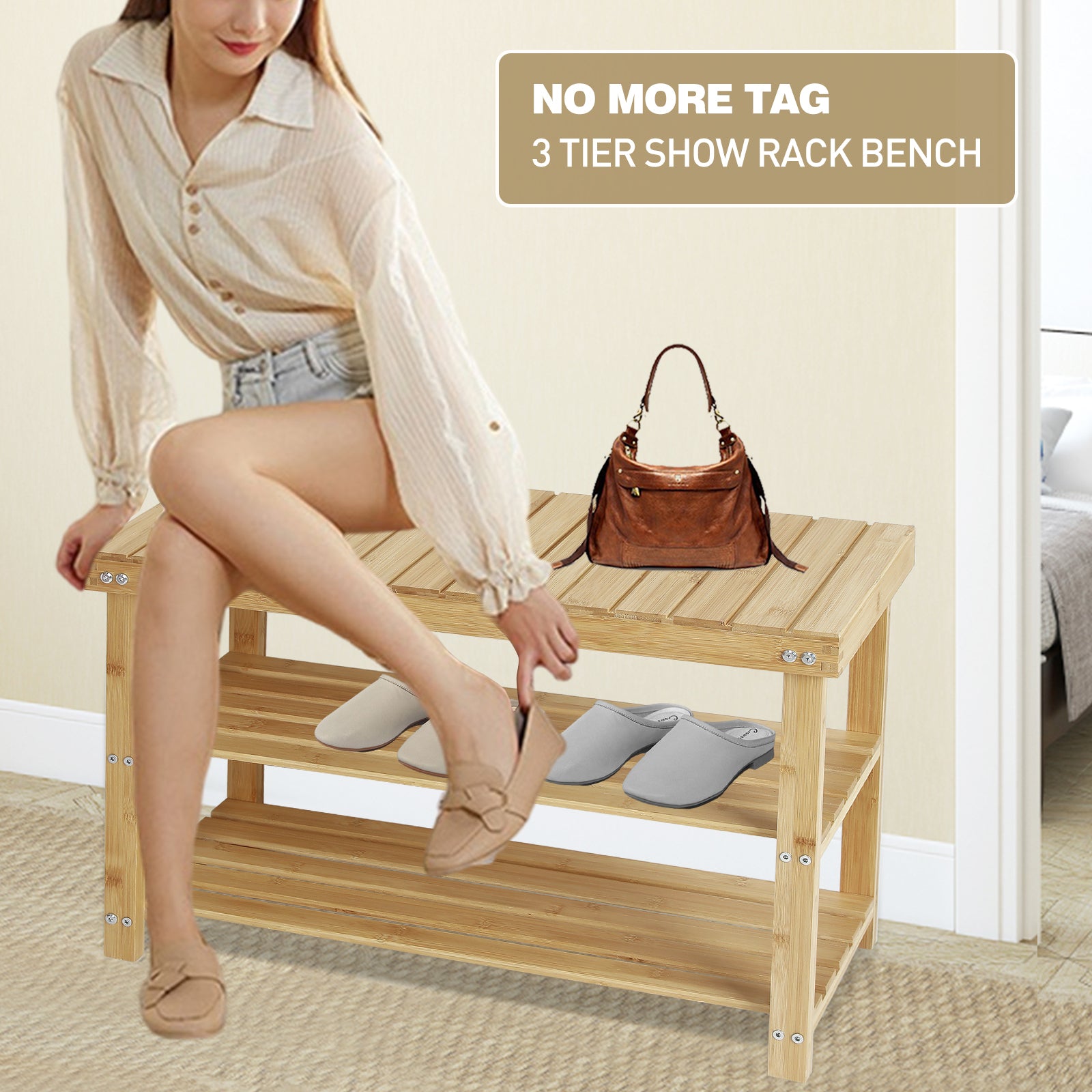 Hofitlead 27.5' Shoe Rack Solid Wood Shoe Bench, 3-Tier Shoe Organizer for Entryway Hallway(Light Brown) - Grand Goldman Shop