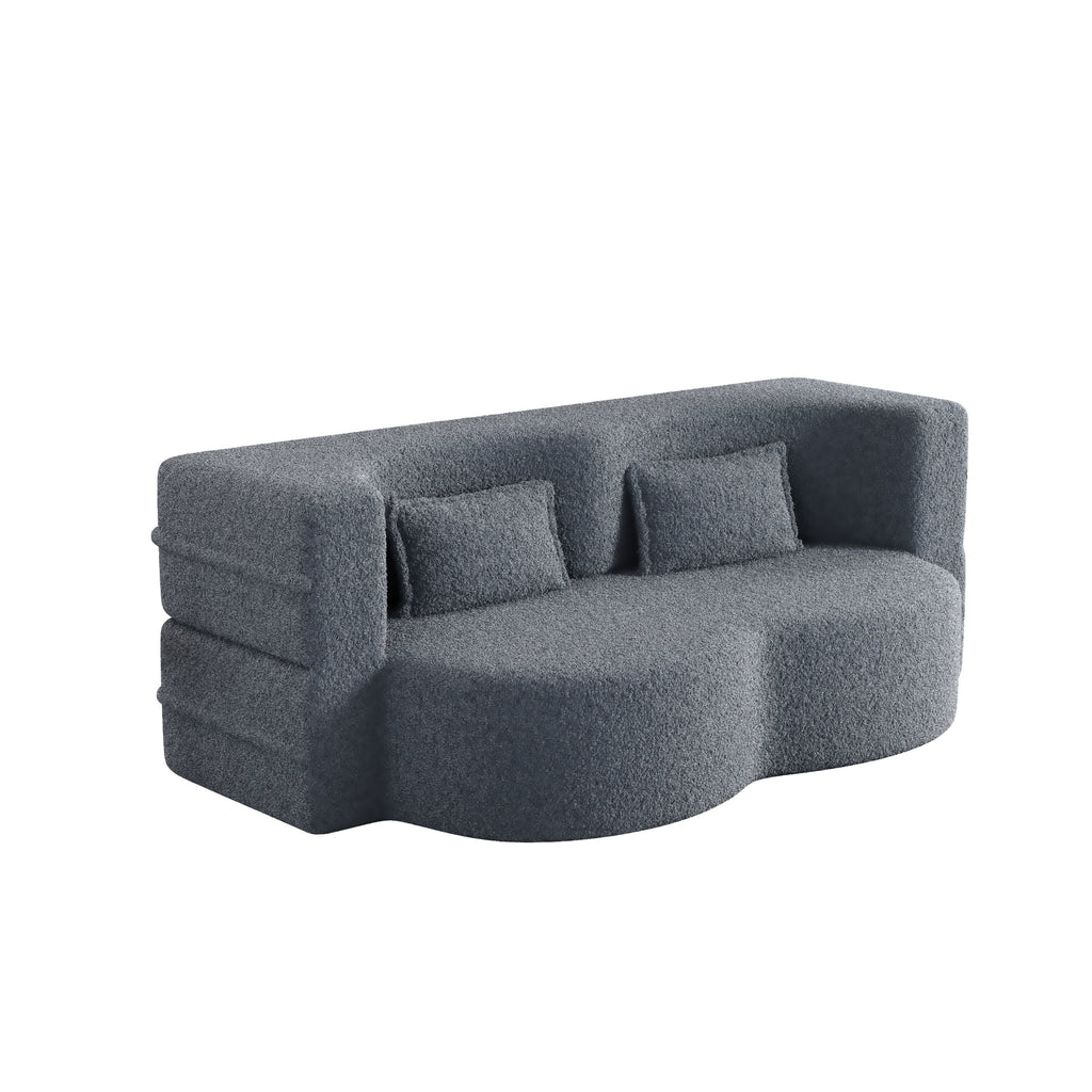 Modern Floor Sofa, with 2 Pillows, Convertible Teddy Fabric Foam Filled Bed, 15 inch Full Size Folding Mattress, Suitable for Living Room, Guest room, Game Room, Grey - Grand Goldman Shop