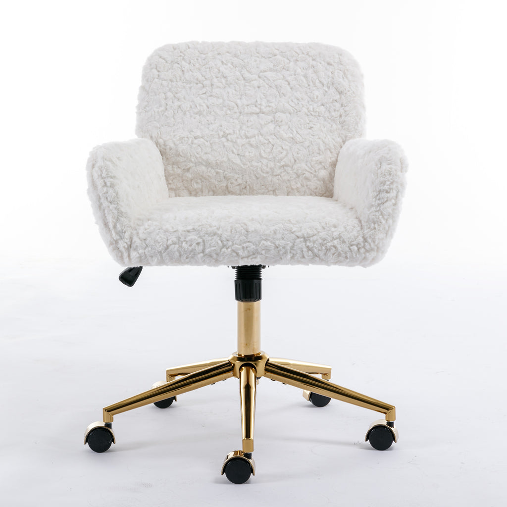 Stylish A&A Furniture Artificial Rabbit Hair Office Chair with Golden Metal Base, Adjustable Swivel Vanity Chair, Beige Velve