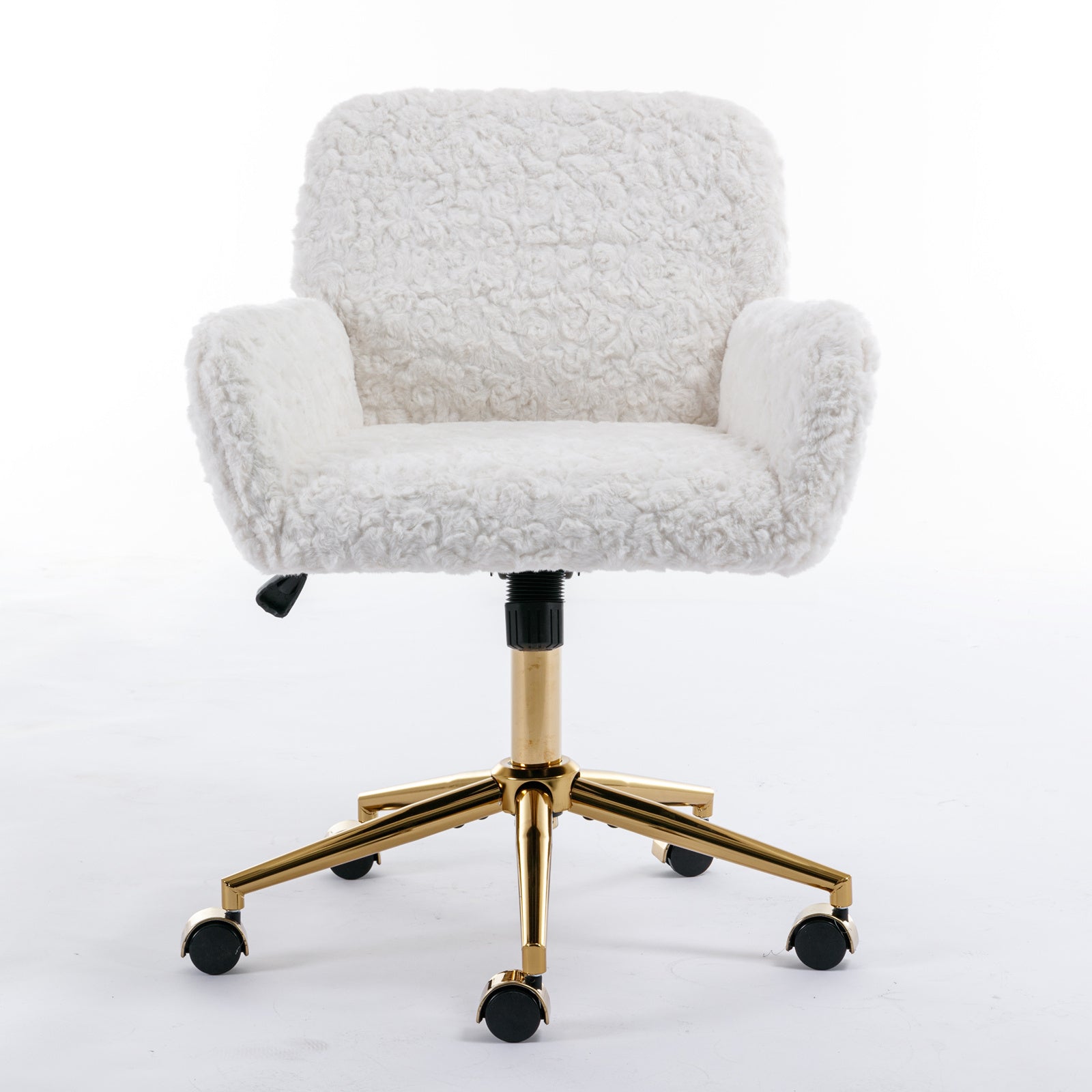 Stylish A&A Furniture Artificial Rabbit Hair Office Chair with Golden Metal Base, Adjustable Swivel Vanity Chair, Beige Velve