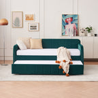 Twin Upholstered Daybed Frame with Trundle, Twin Size Sofa Bed for Bedroom Living Room Guest Room, Wood Slat Support,Emerald - Grand Goldman Shop