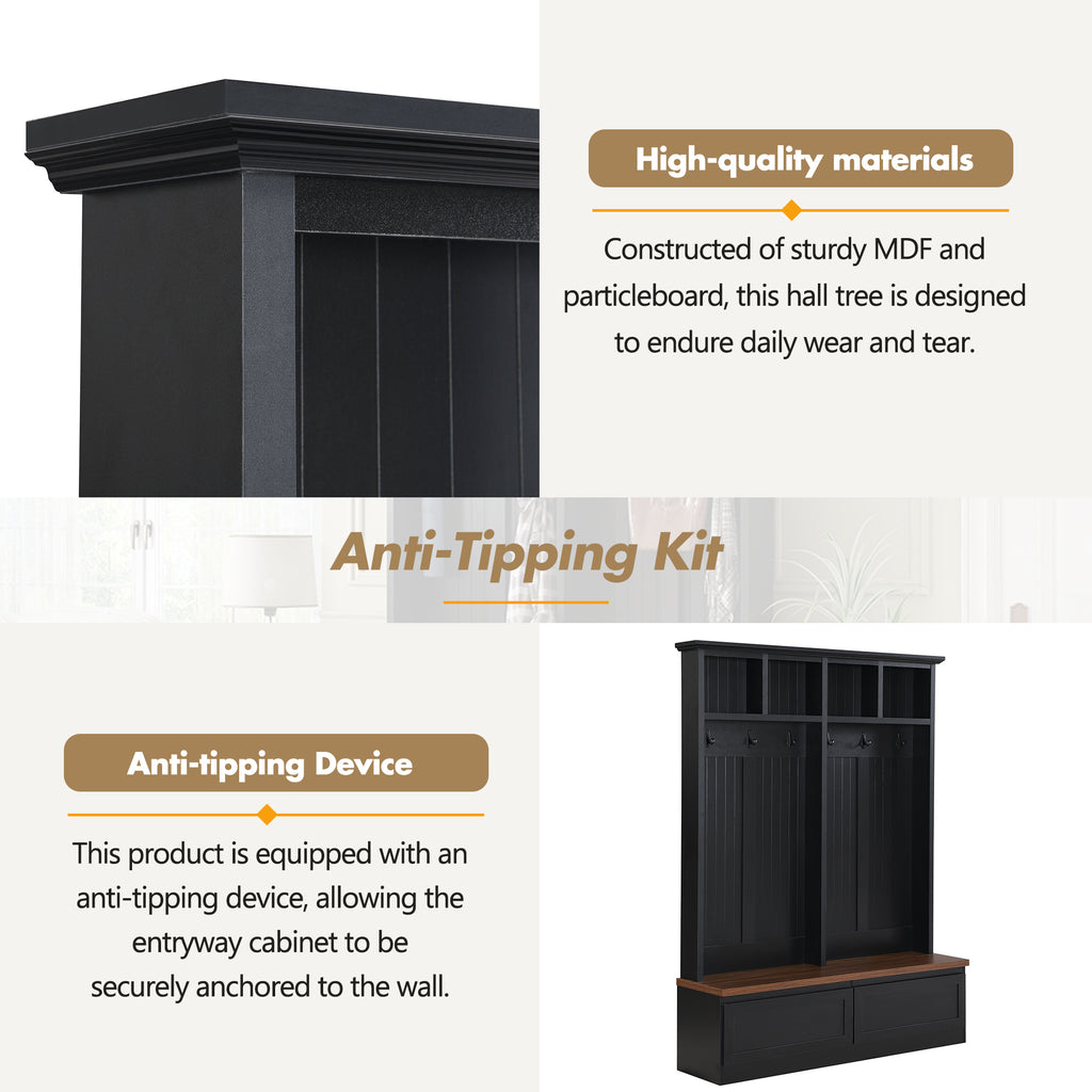 Farmhouse 4-in-1 Hall Tree with Wood Grain Bench, Mudroom Versatile Coat Rack with 2 Large Drawer, Entrance Organizer for Hallway, Living Room, Black, 55.9'W (OLD SKU: N721P313099B) - Grand Goldman Shop