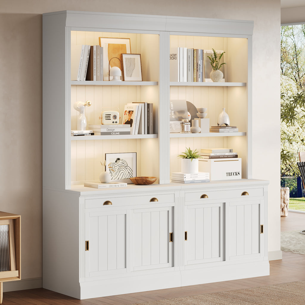 83.4'Tall Bookshelf Suite with LED Lighting, Modern Bookcase Suite with Sliding Doors,Drawers and Open Shelves,Storage Booksh