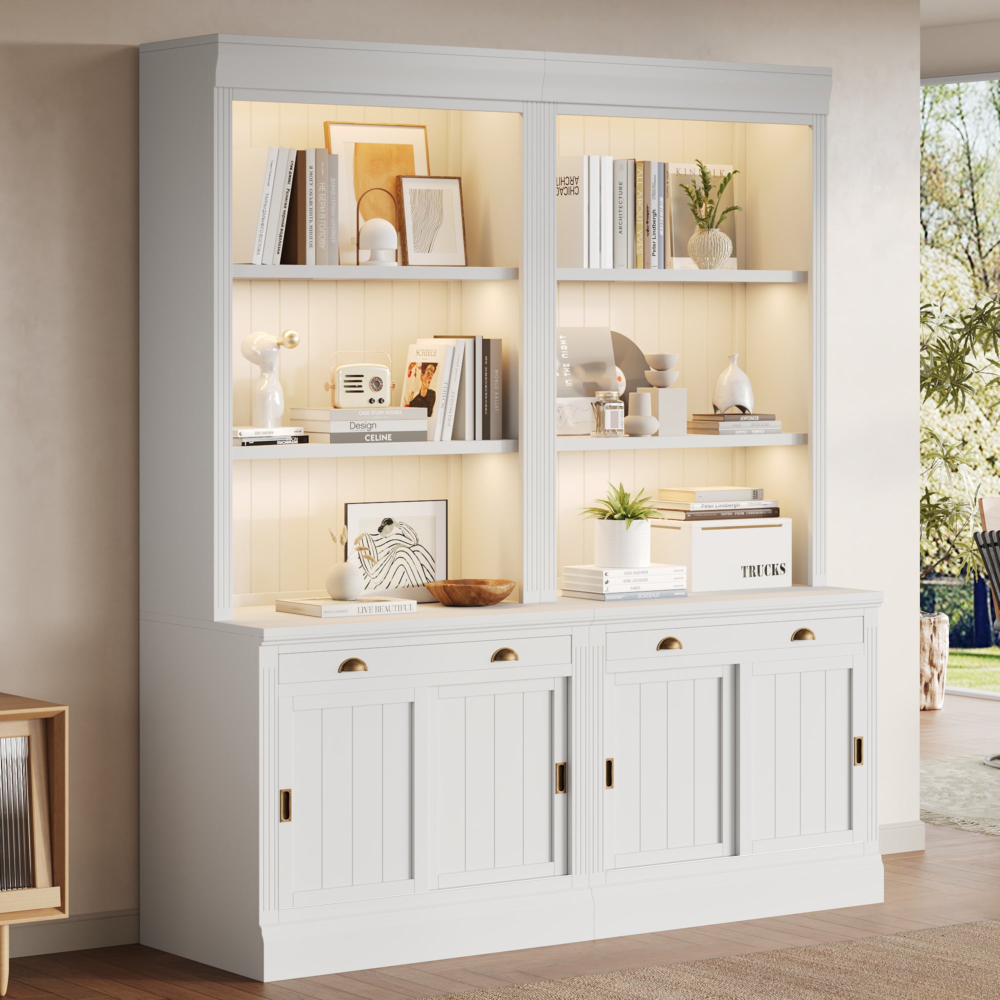 83.4'Tall Bookshelf Suite with LED Lighting, Modern Bookcase Suite with Sliding Doors,Drawers and Open Shelves,Storage Booksh