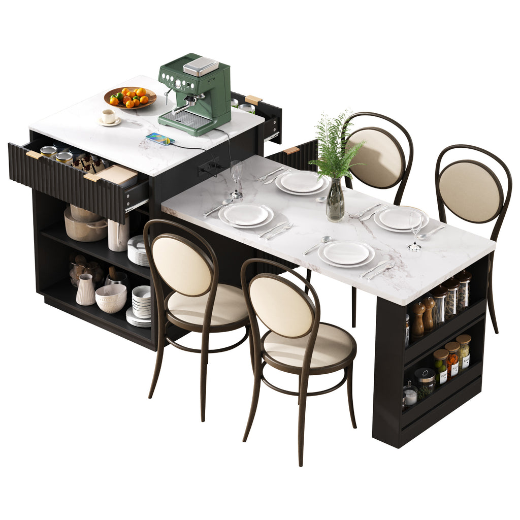 K&K 82.6' Fluted Kitchen Island with Extendable Dining Table for 4-6, Island Table for Kitchen with Power Outlet, Kitchen Table with Double-Side Storage, 2 Drawers 2 Side Open Shelves, Black - Grand Goldman Shop