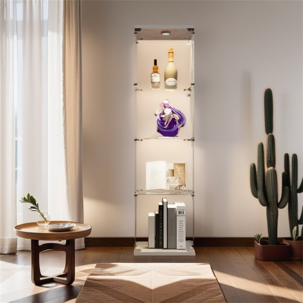 Lighted 4 Shelves Glass Cabinet Glass Display Cabinet with One Door, White - Grand Goldman Shop
