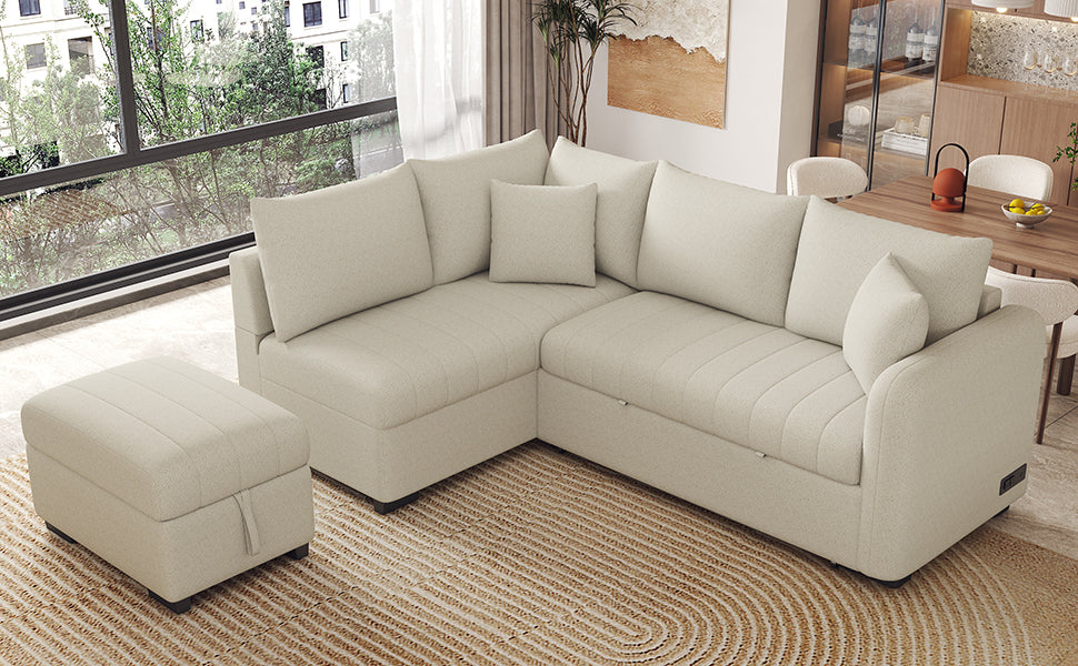 Modern L-shaped Sectional Pull Out Sofa Bed with USB Ports and Storage Ottoman, Beige, Jacquard Fabric, 82.6' - Grand Goldman Shop