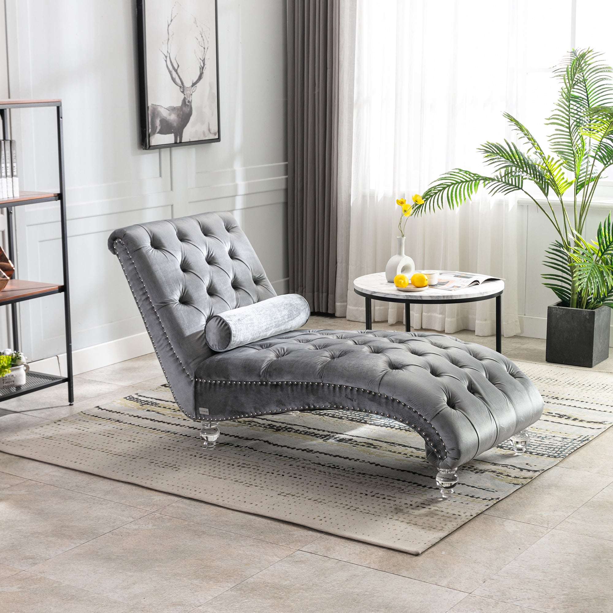 Velvet Chaise Lounge Indoor, Button-Tufted Upholstered Chaise Lounge Chair with Pillow, Silver Velvet, 63.98 Inches - Grand Goldman Shop
