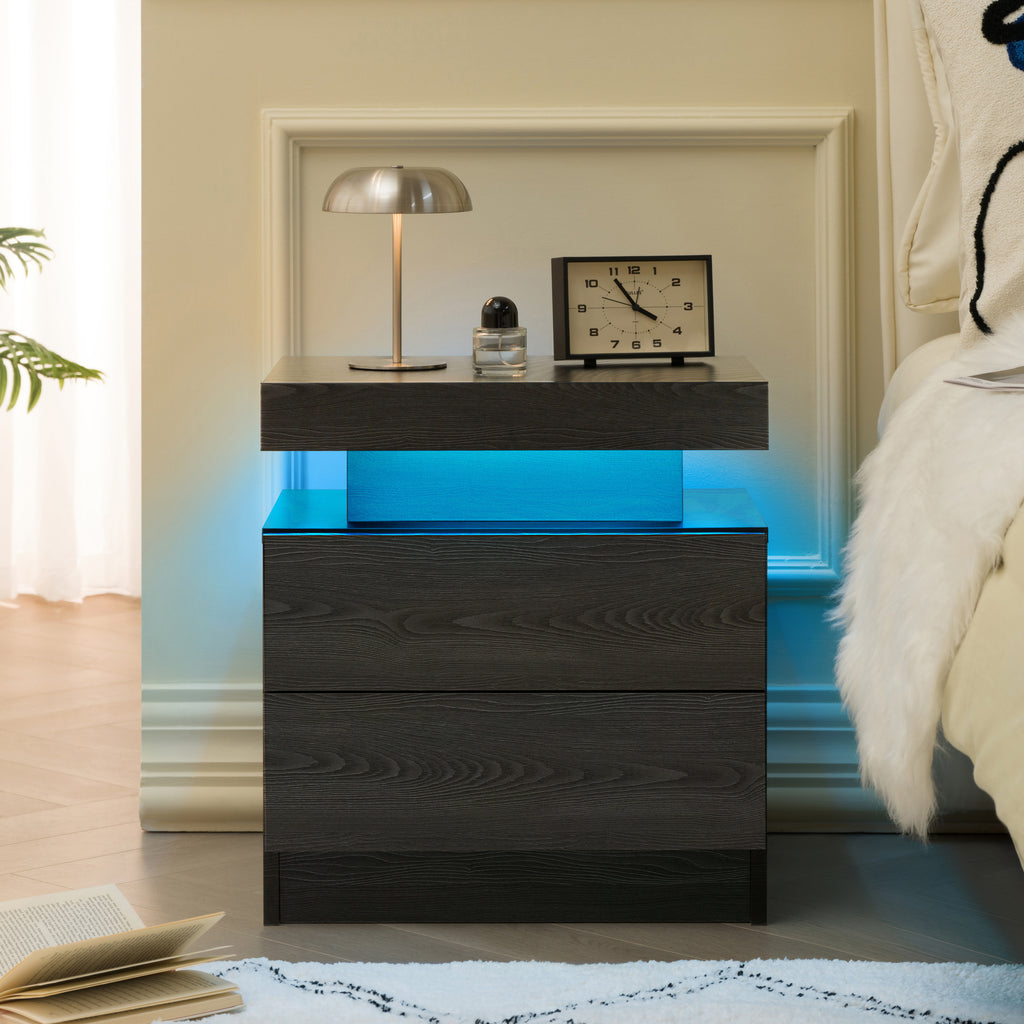 Nightstand LED Bedside Table Cabinet Lights Modern End Side with 2 Drawers for Bedroom (Black Woodgrain) - Grand Goldman Shop