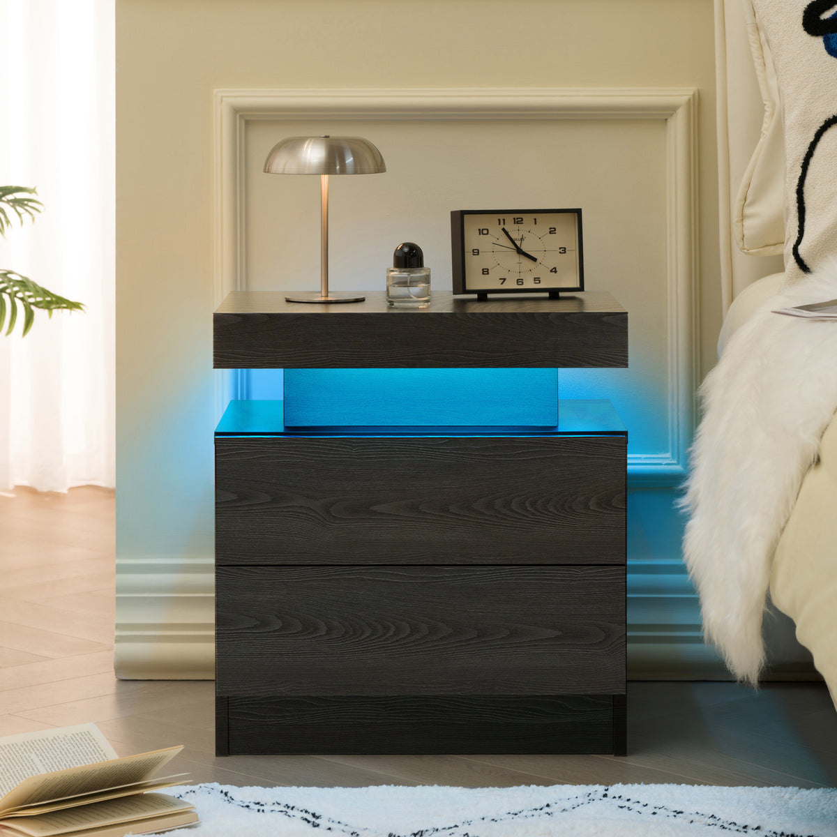 Nightstand LED Bedside Table Cabinet Lights Modern End Side with 2 Drawers for Bedroom (Black Woodgrain) - Grand Goldman Shop