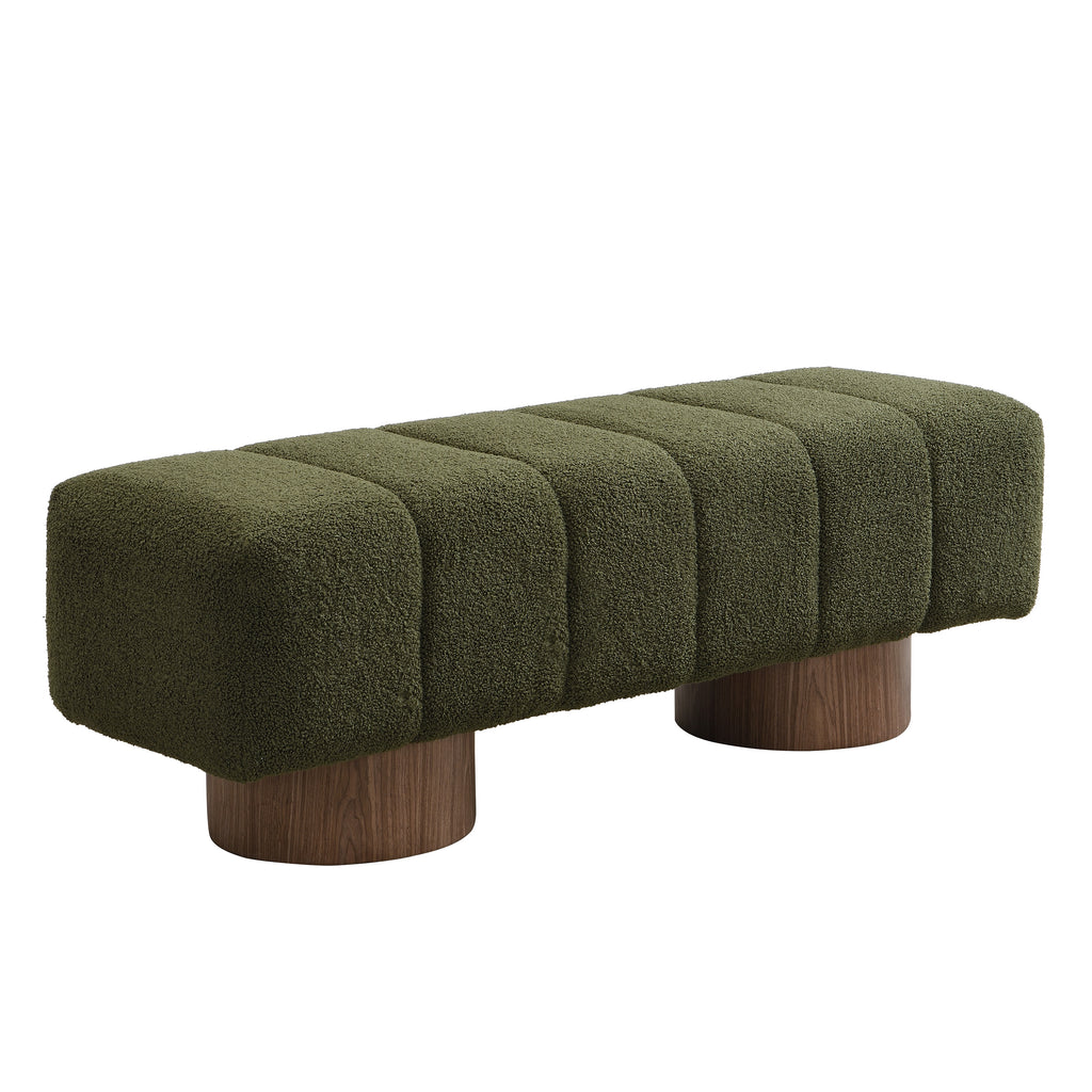 Upholstered Dining Bench for Dining Room, No-Assembly End of Bed Entryway Bench Ottoman for Bedroom Living Room, Green Boucle Fabric Stool Top Wood Leg 300 LBS Weight Capacity - Grand Goldman Shop