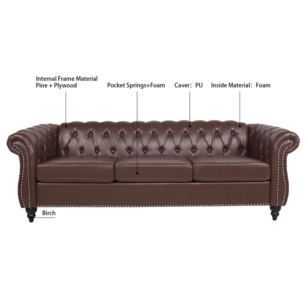 Dark Brown PU Rolled Arm Chesterfield Three Seater Sofa with Solid Wood Frame and Birch Legs - Grand Goldman Shop