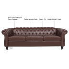 Dark Brown PU Rolled Arm Chesterfield Three Seater Sofa with Solid Wood Frame and Birch Legs - Grand Goldman Shop