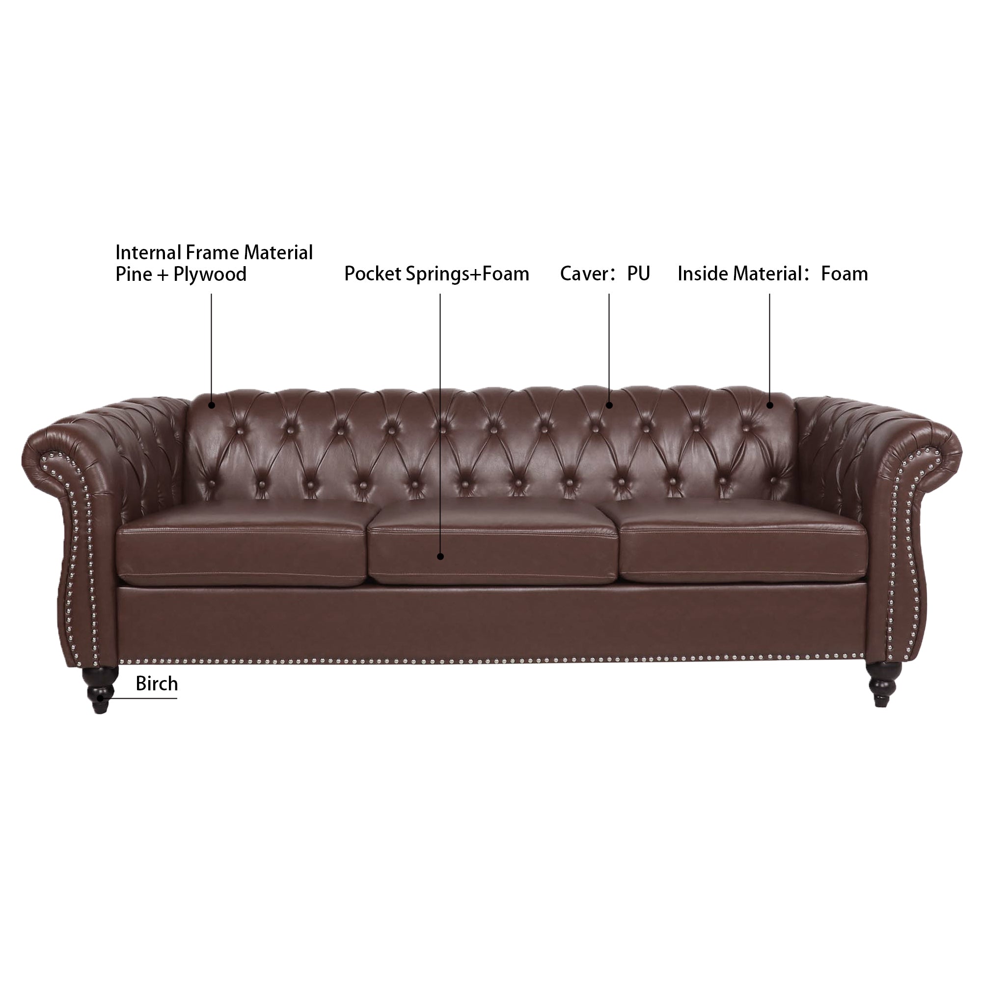 Dark Brown PU Rolled Arm Chesterfield Three Seater Sofa with Solid Wood Frame and Birch Legs - Grand Goldman Shop