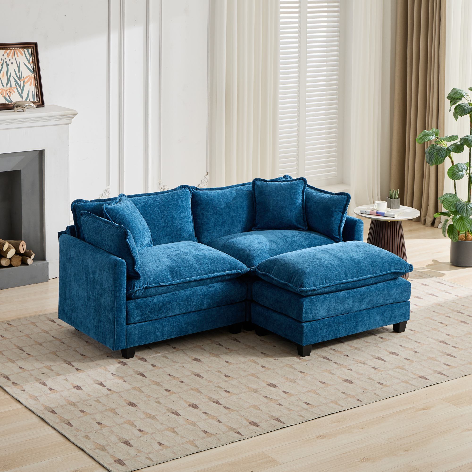 Cloud Sofa Ottoman only, Modern Sectional Couch, for Living Room Bedroom and Apartment, Comfy Double Layer Upholstered Seat Cushion, Breathable Chenille Fabric, Blue - Grand Goldman Shop