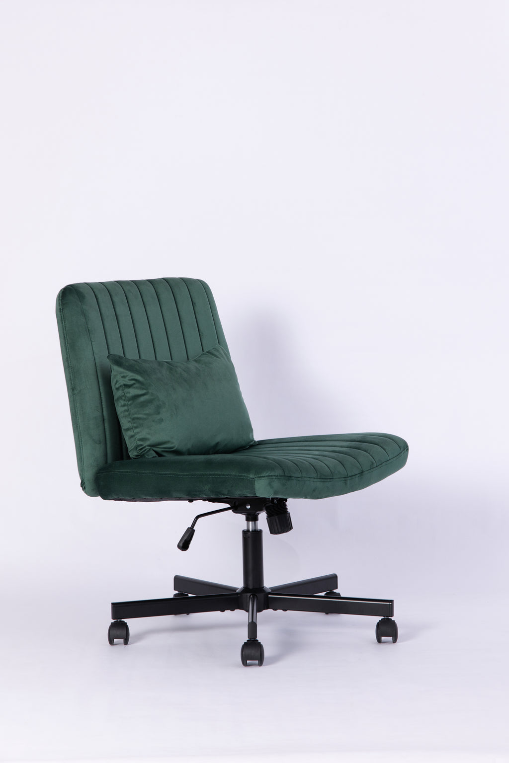 Green Velvet Criss Cross Armless Office Chair with Wheels - Comfortable & Stylish for Home Office, Meditation, and Makeup Use