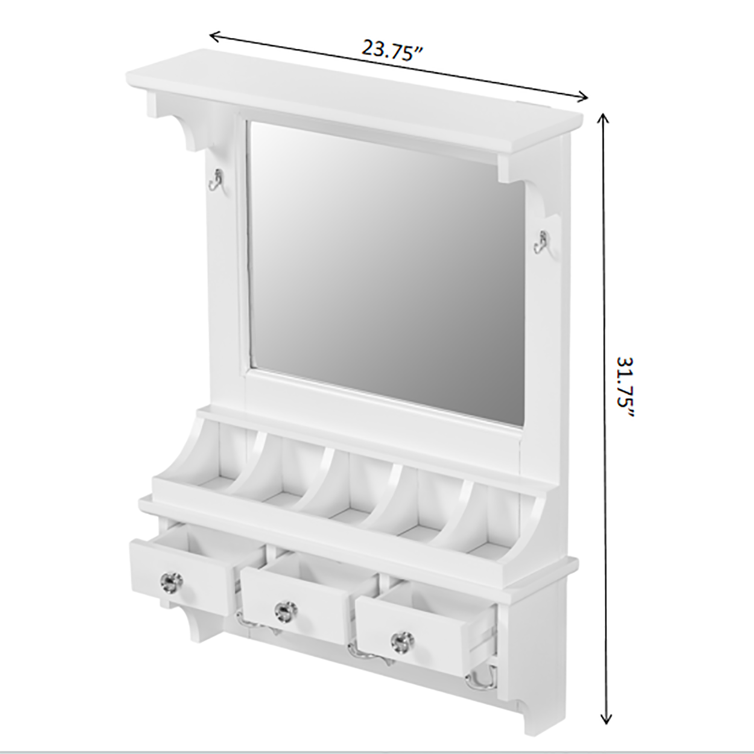 Floating Makeup Vanity with Big Mirror, Wall-Mounted Storage Vanity with Drawers, Pockets & Hooks, Space-Saving Decorative Home Organizer, White, Engineered Wood, 23.8 x 6.1 x 31.8 inches - Grand Goldman Shop