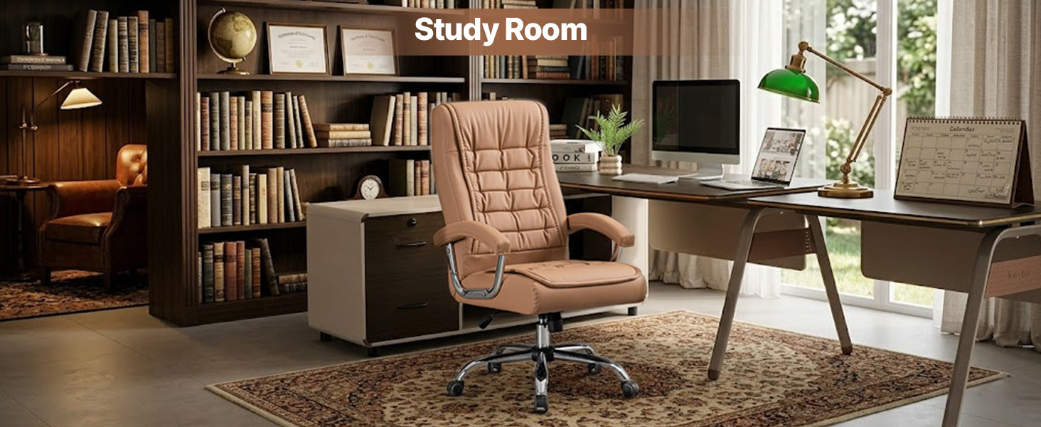 Executive Office Chair High Back PU Leather Desk Chair with Spring Seat Cushion, Ergonomic Swivel Computer Chair with Chrome 