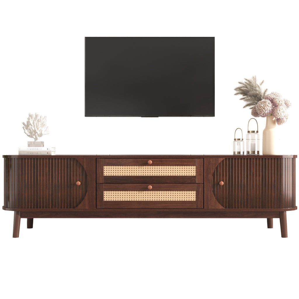 Modern Farmhouse Rattan TV Stand for TVs up to 75'', Natural Wood and Brown Solid Wood Legs, MDF Cabinet with Rattan Drawers and Sliding Doors, 66.93'' L Living Room Entertainment Console - Grand Goldman Shop