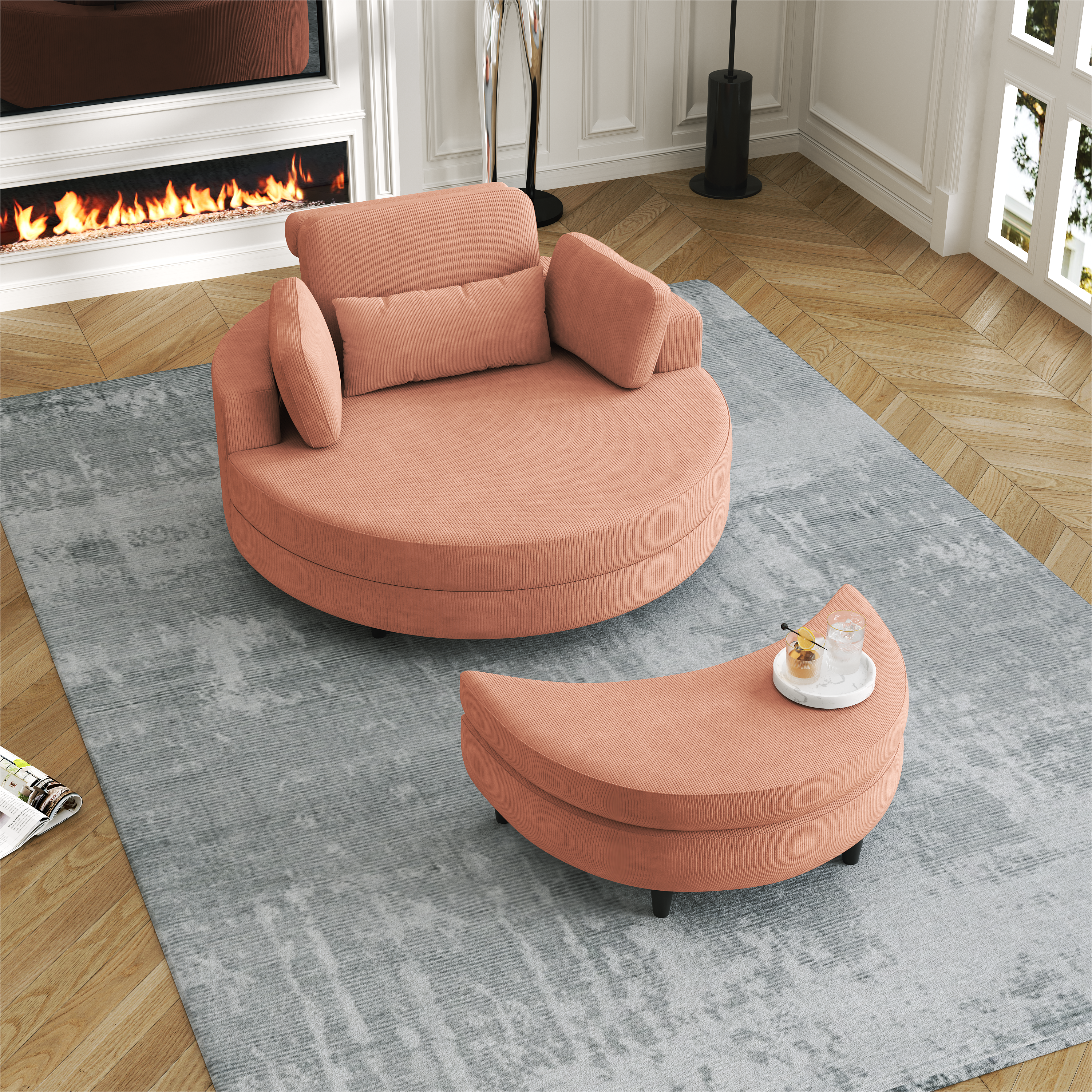 A 51-inch orange corduroy sofa with two throw pillows, a waist pillow and an extra tray is comfortable for a small apartment bedroom - Grand Goldman Shop