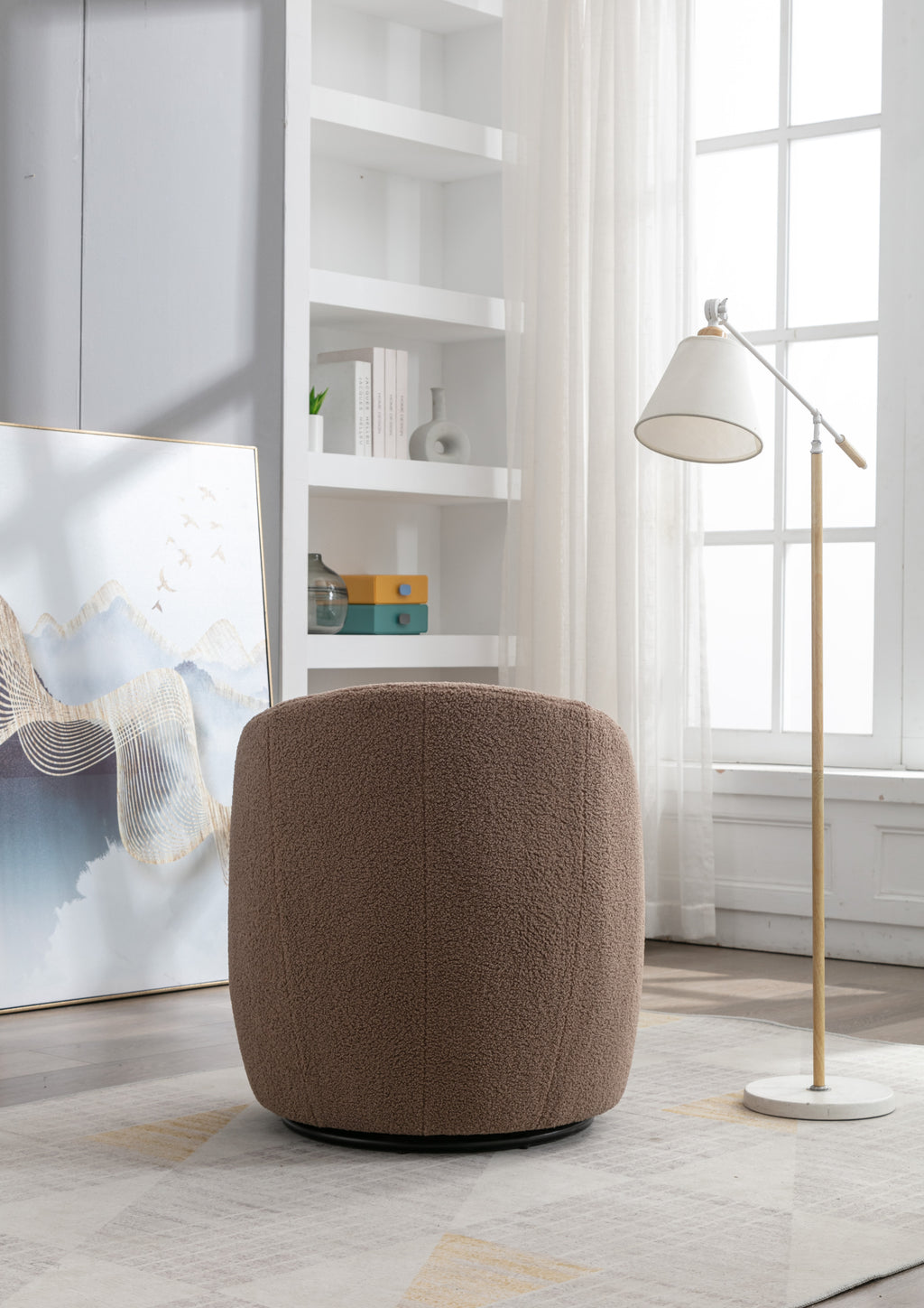 Teddy Fabric Swivel Accent Armchair Barrel Chair With Black Powder Coating Metal Ring,Coffee Brown - Grand Goldman Shop
