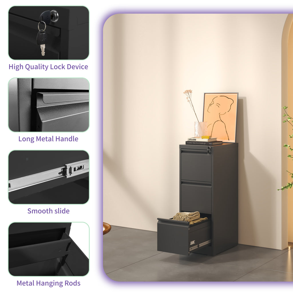 SteelCraft 3 Drawer Metal Vertical File Cabinet with Lock, Black, Steel, 15.16x17.72x40.39 inches - Grand Goldman