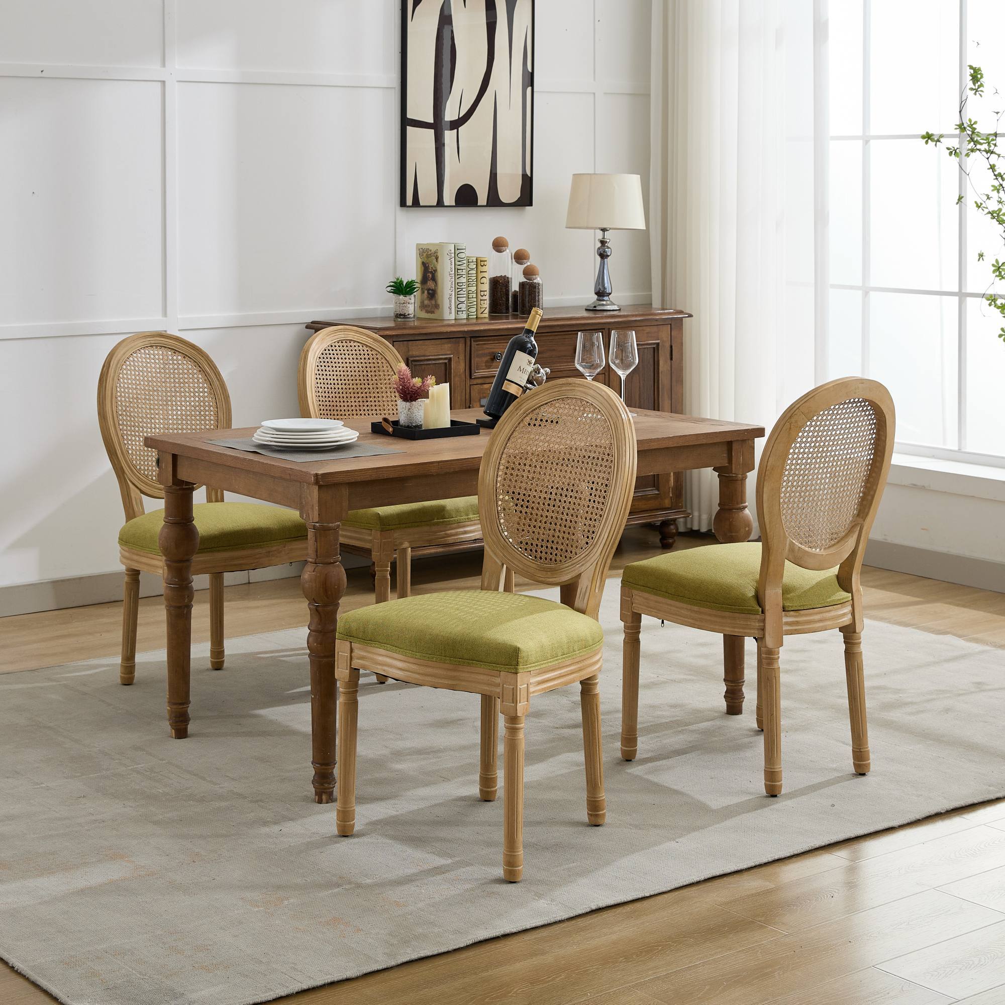 A&A Furniture,French Style Solid Wood Frame Antique Painting Linen Fabric Rattan Back Dining Chair,Set of 2,Olive-Green - Grand Goldman Shop