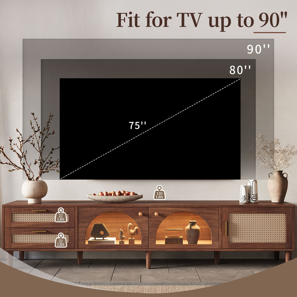 Modern 86 inch TV Stand for TVs up to 90 inches, Dark Brown Rattan Design with App-Controlled LED Lights, 2 Drawers & Glass Door Storage, MDF and Solid Wood Media Console - Grand Goldman Shop