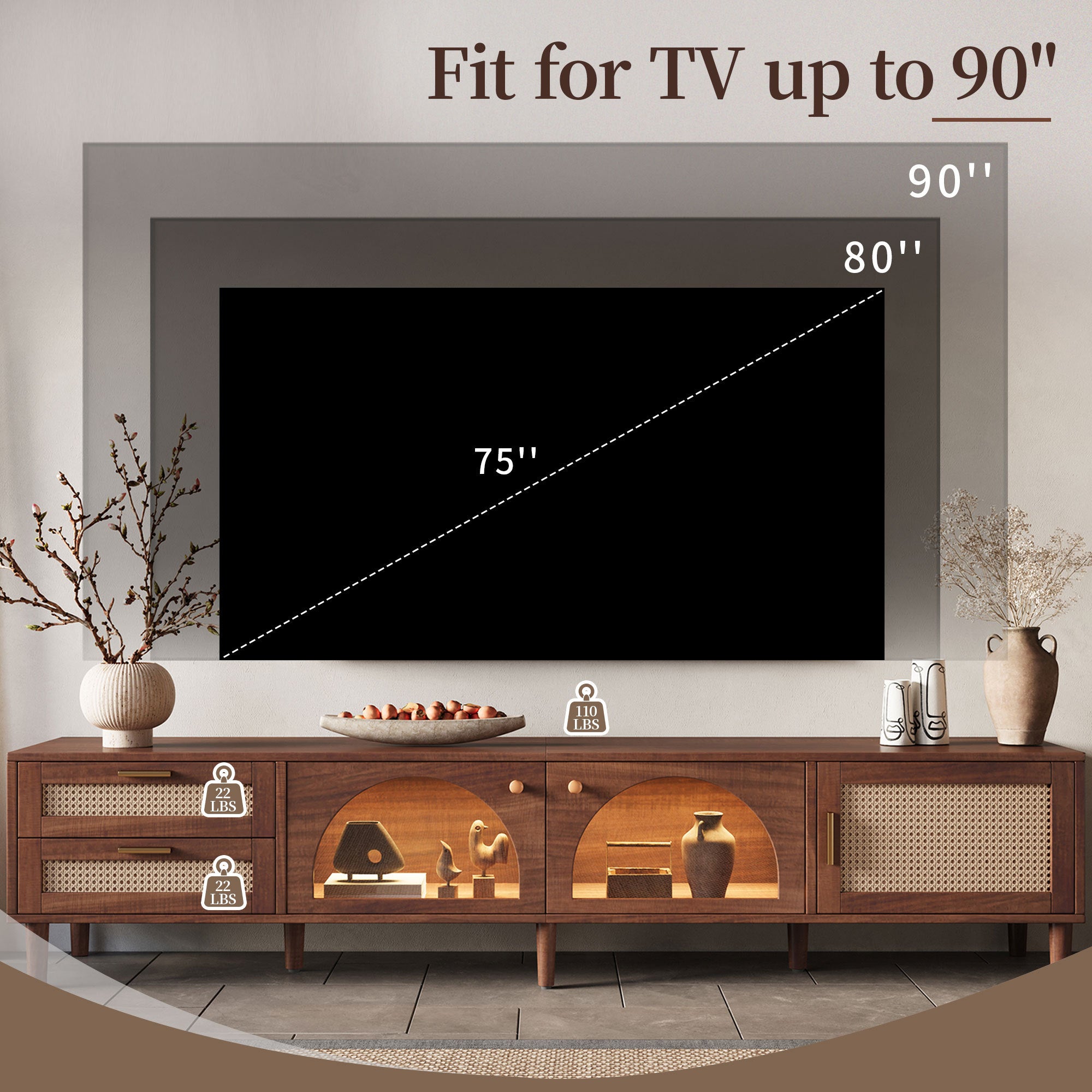Modern 86 inch TV Stand for TVs up to 90 inches, Dark Brown Rattan Design with App-Controlled LED Lights, 2 Drawers & Glass Door Storage, MDF and Solid Wood Media Console - Grand Goldman Shop