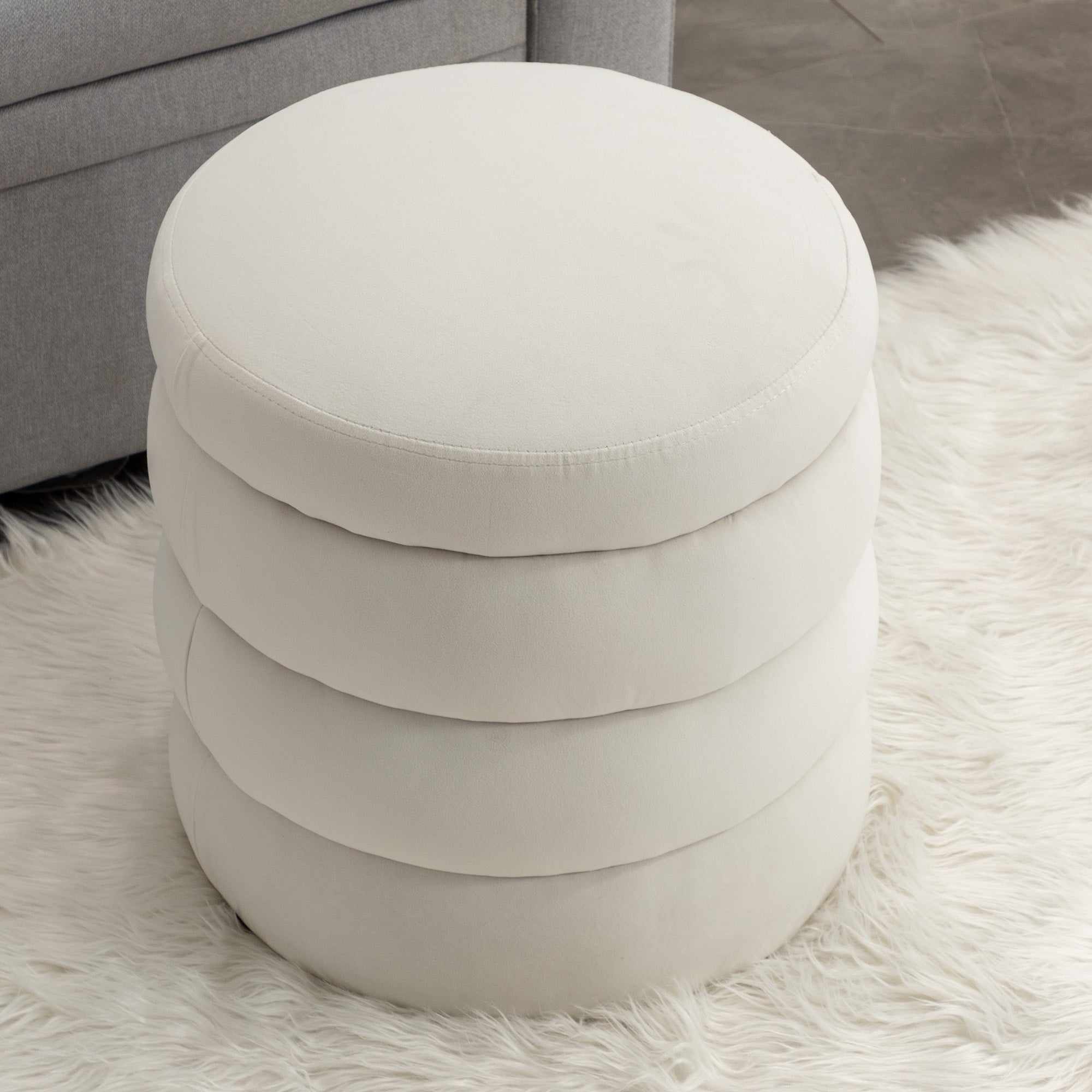 006-Soft Velvet  Round Ottoman Footrest Stool,Ivory - Grand Goldman Shop