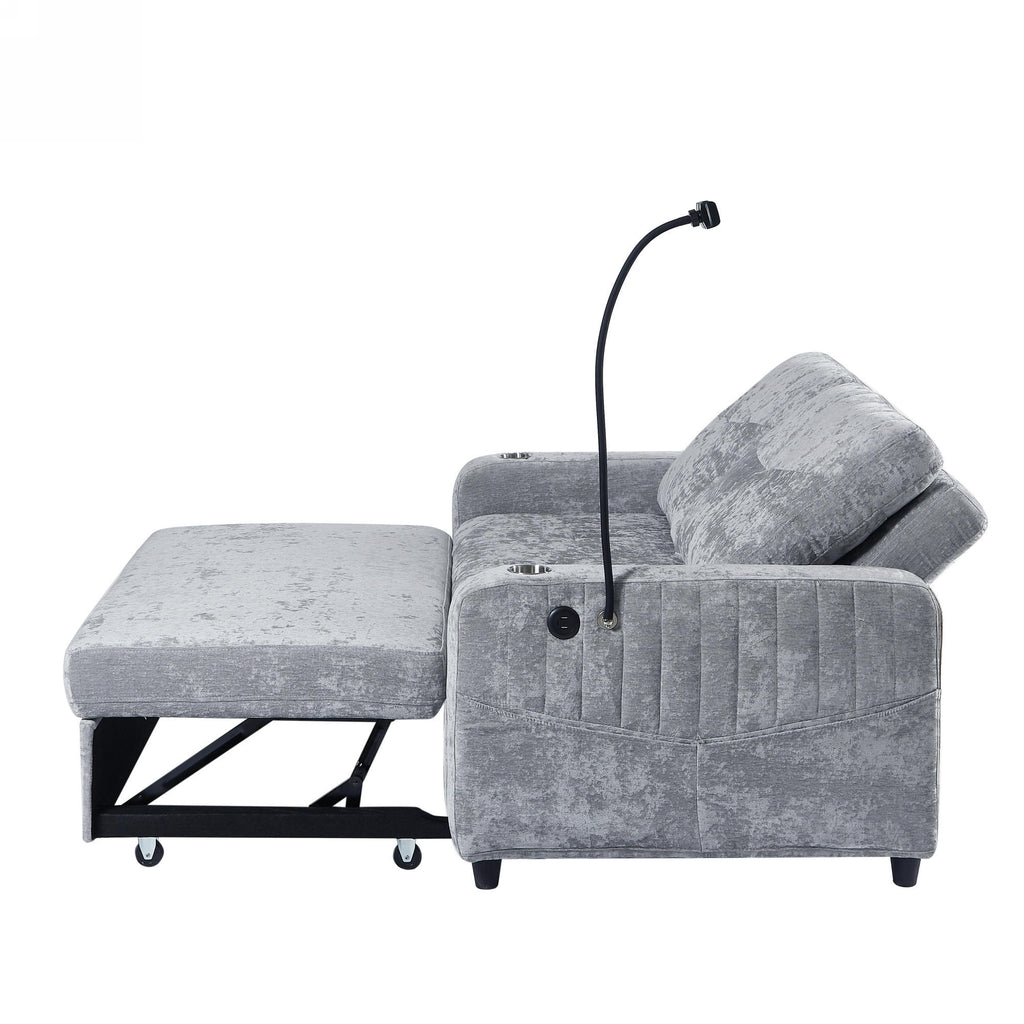 Modern Loveseat Pull-out Sofa Bed with Adjustable Backrest, Cup Holders, Phone Holder, Charging Ports, Side Storage Pockets, Grey Chenille - Grand Goldman Shop