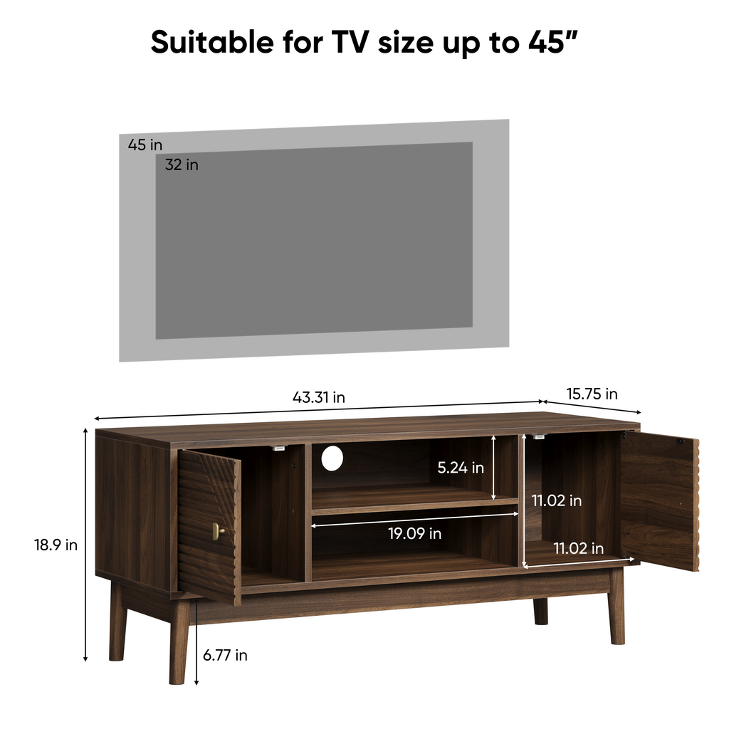 Mid-Century Modern TV Stand for 32/45 inch TV, Walnut MDF Entertainment Center with Storage, 43.31 inch Media Console Table for Living Room and Bedroom - Grand Goldman Shop