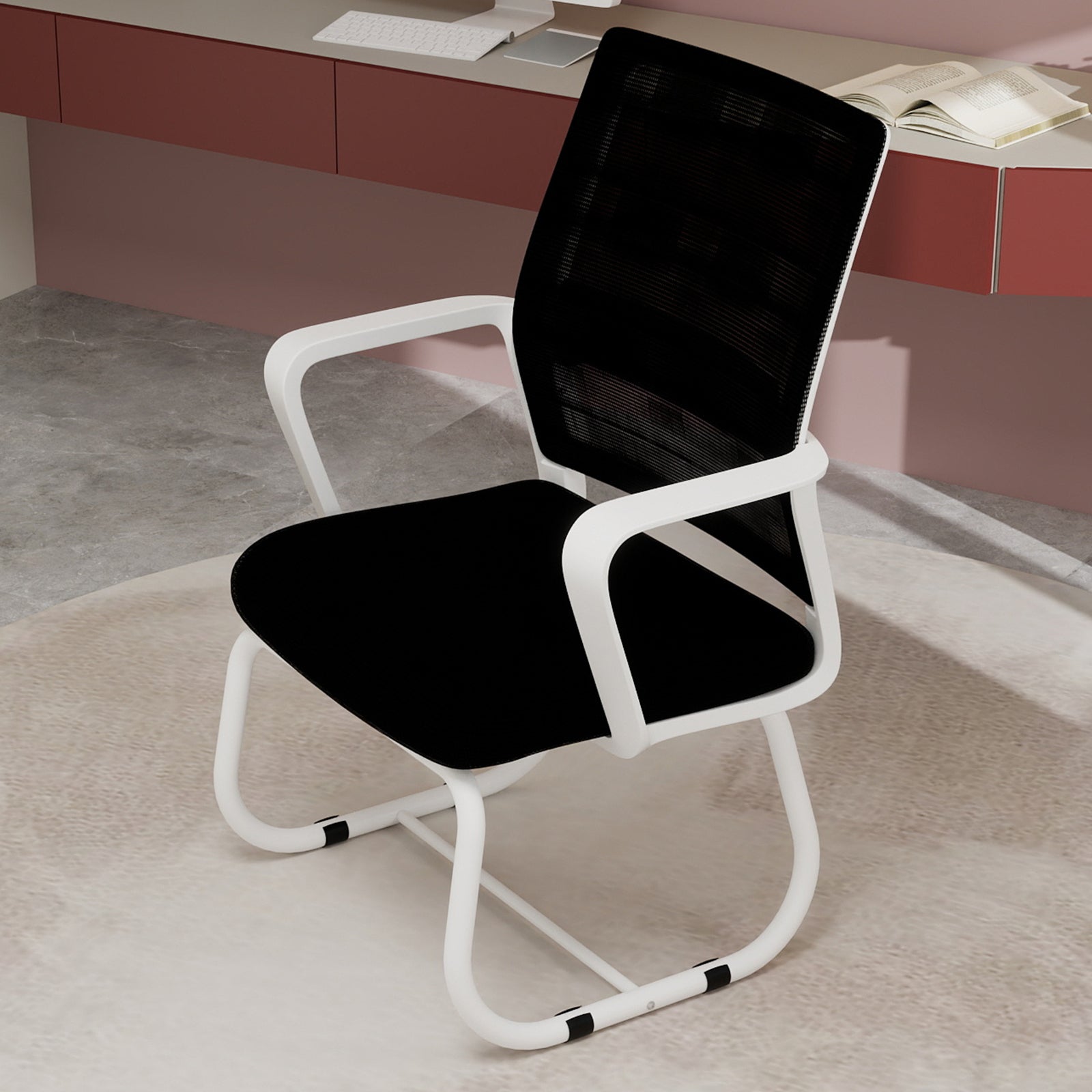 Minimalist Modern Office Chair with Metal Frame, Soft Mesh Backrest, Comfortable Polyurethane Cushion, White+Black, Suitable 
