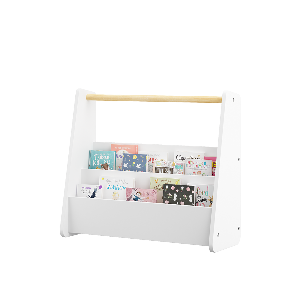 Kids Bookshelf with Wooden Handle, 2-Tier Front-Facing Toddler Bookcase, Portable Children's Book Storage Organizer for Bedro