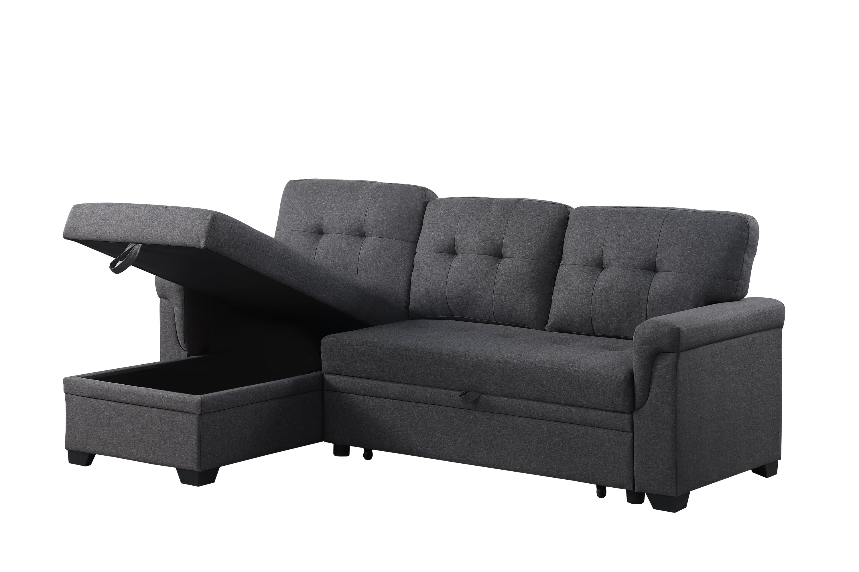 Lucca 84' Dark Gray Linen Reversible Sleeper Sectional Sofa with Storage Chaise - Grand Goldman Shop