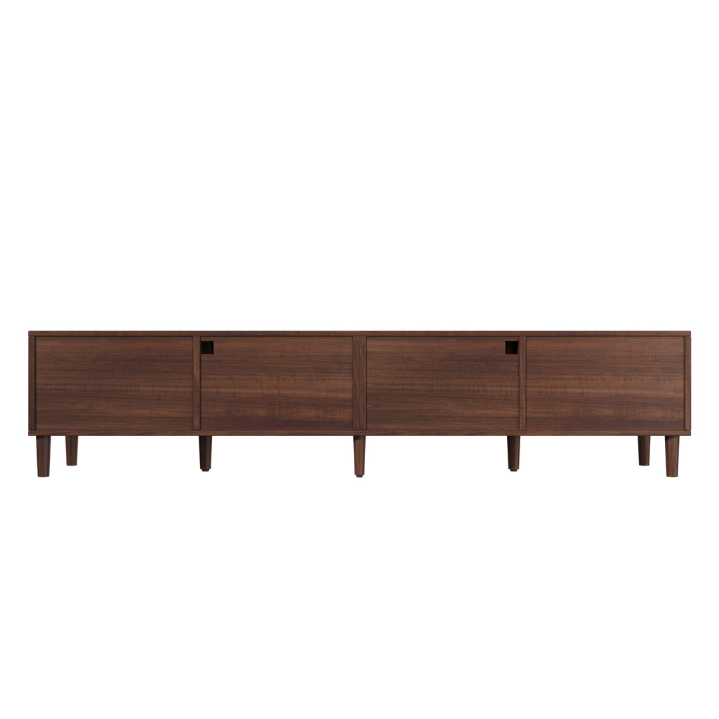 Modern 86 inch TV Stand for TVs up to 90 inches, Dark Brown Rattan Design with App-Controlled LED Lights, 2 Drawers & Glass Door Storage, MDF and Solid Wood Media Console - Grand Goldman Shop