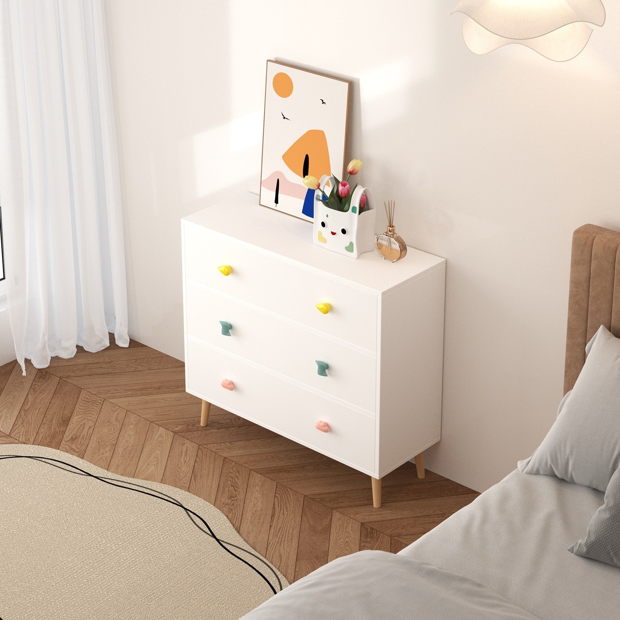 Kids 3 Drawer Dresser, White Nursery Storage Cabinet with Anti-Tip Safety Feature, Solid Wood and MDF Construction, Compact D