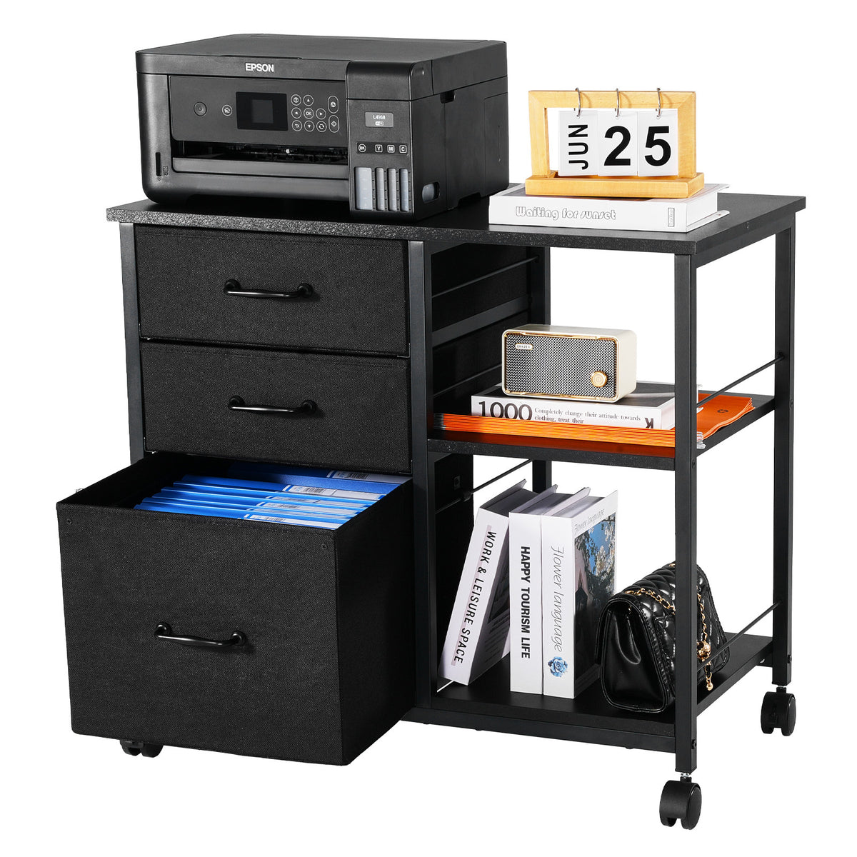 Mobile Metal File Cabinet with 3 Fabric Drawers and 2 Open Shelves Black | Premium Home Decor - Grand Goldman
