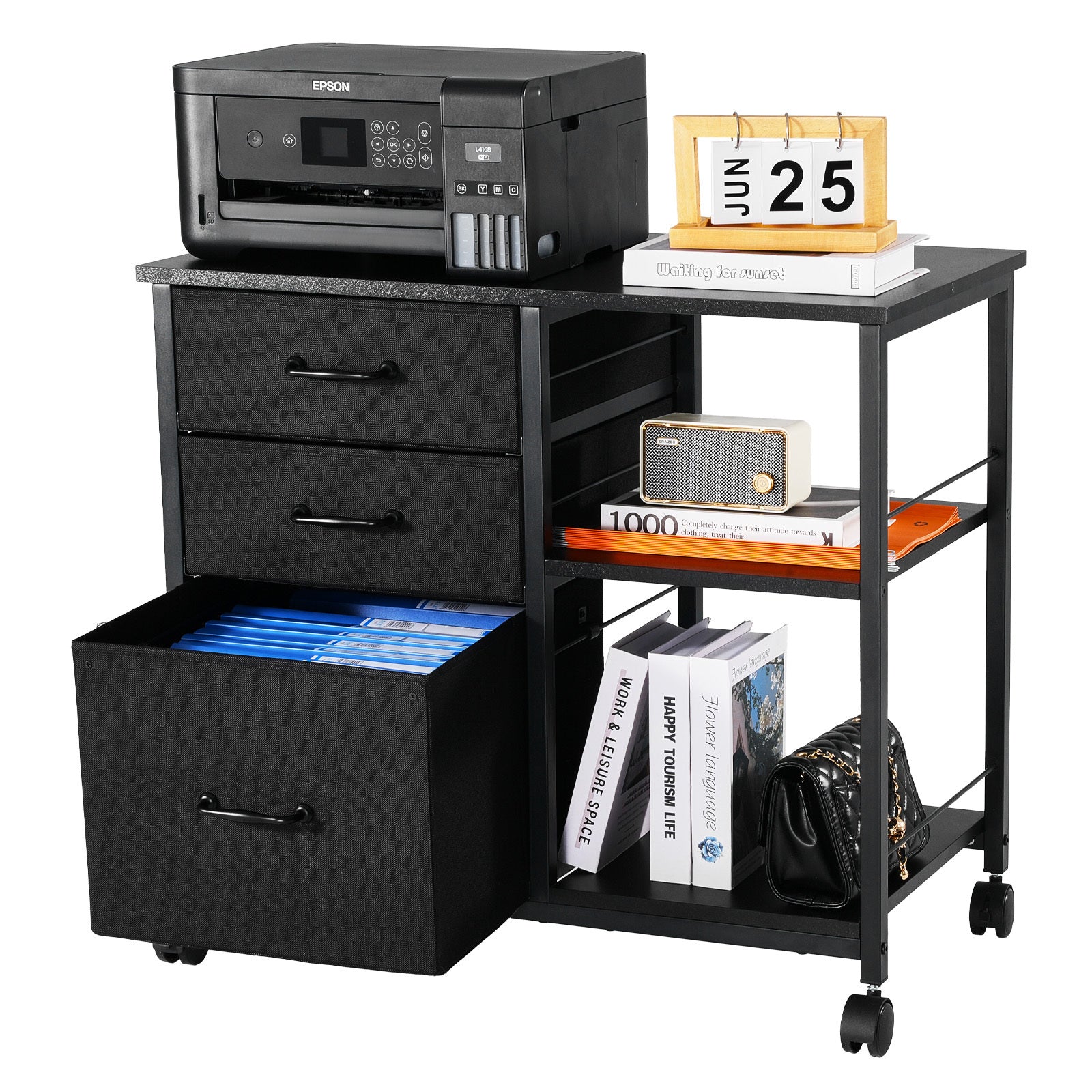 Mobile Metal File Cabinet with 3 Fabric Drawers and 2 Open Shelves Black | Premium Home Decor - Grand Goldman