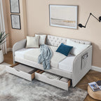 Linen Beige Twin Size Upholstered Daybed with Trundle and Storage Drawers, Flat Arms with Pocket, Extendable for Bedroom or Living Room - Grand Goldman Shop