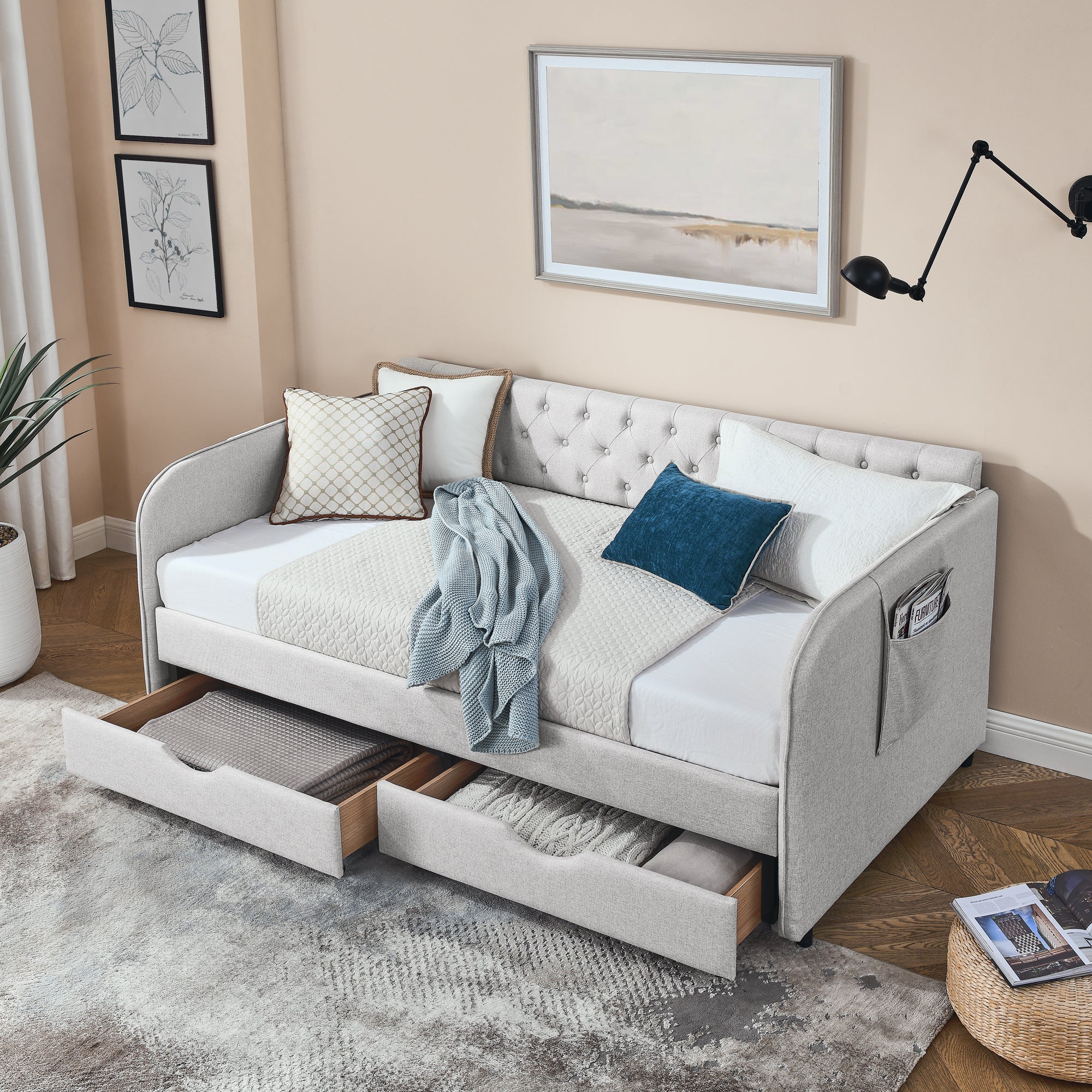 Linen Beige Twin Size Upholstered Daybed with Trundle and Storage Drawers, Flat Arms with Pocket, Extendable for Bedroom or Living Room - Grand Goldman Shop