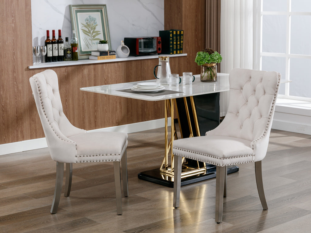 Nikki Collection Modern, High-end Tufted Solid Wood Contemporary Velvet Upholstered Dining Chair with Chrome Stainless Steel Plating Legs,Nailhead Trim,Set of 2，Beige and Chrome, SW1701BG - Grand Goldman Shop